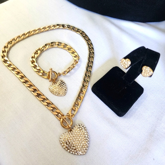 Gold Cuban Link Chain Neckace Bracelet Set with Toggle Clasp Heart Pendants Set - Picture 3 of 9